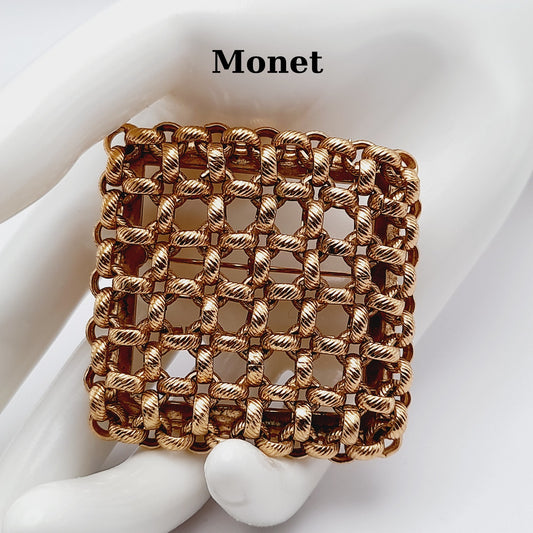 Vintage Monet Gold Plated Woven Square Brooch – 1980s Statement Designer Jewelry