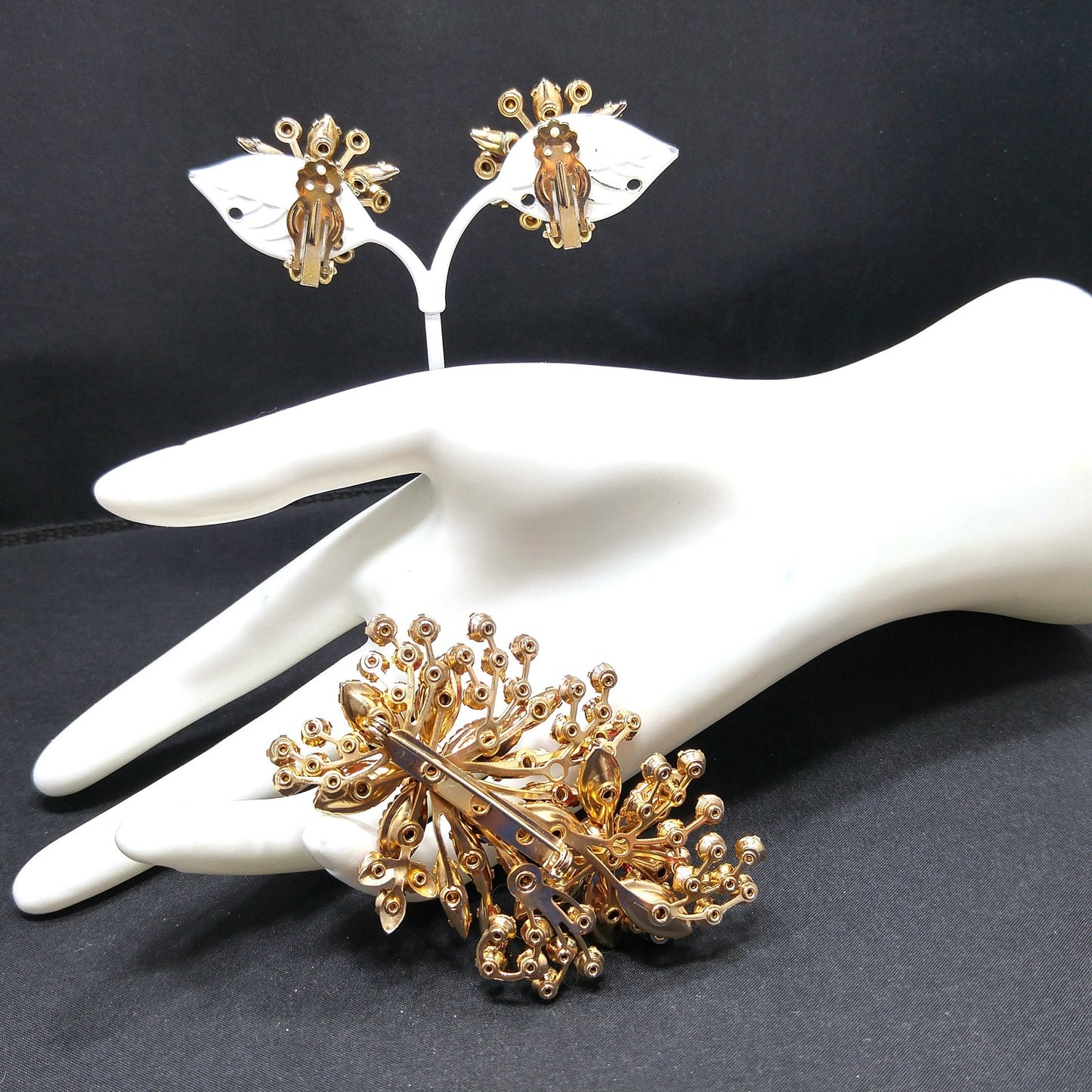 Red Floral Rhinestone Brooch Earrings Set, Aurora Borealis Pink, 1950s Vintage Jewelry