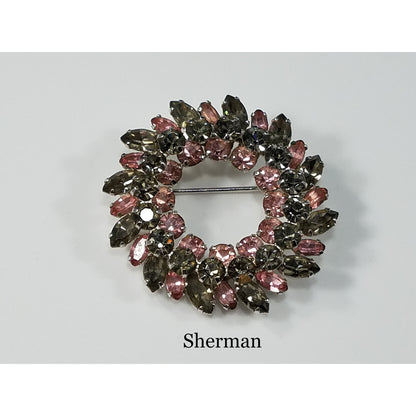 Vintage Sherman Pink Grey Wreath Rhinestone Brooch, Rhodium Plated, 1950s