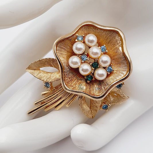 Vintage Ledo 1962 Floral Brooch, Gold Plated Faux Pearl Rhinestone Pin, Signed Mid Century Jewelry