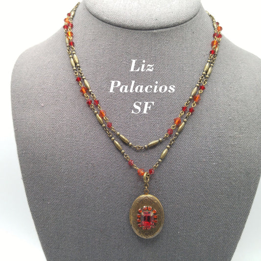 Vintage Liz Palacios SF Necklace – Red Pink Rhinestone Locket Pendant, 2 Strand