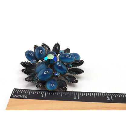 Blue Floral Mid-Century Brooch, Riveted Construction, 1950s Vintage Jewelry