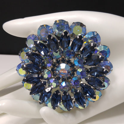Mid Century Blue Aurora Borealis Brooch, Rhodium Plated, 1960s Vintage Jewelry