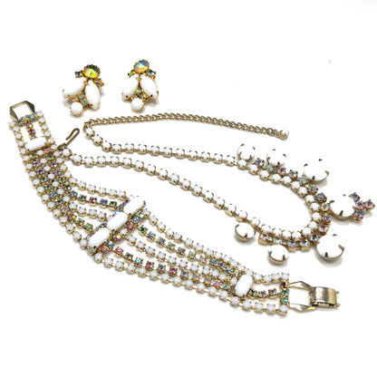 Vintage Milk Glass Jewelry Set, Necklace Bracelet Clip Earrings, Aurora Borealis, 1960s Vintage Jewelry
