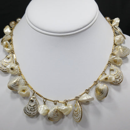 Sea Shell & Faux Pearl Charm Necklace, Gold Tone Chain, 1950s Vintage Jewelry