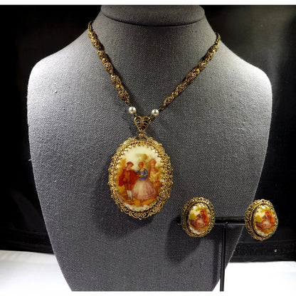 Vintage 1950s West Germany Courting Couple Cameo Pendant Brooch Earrings Set