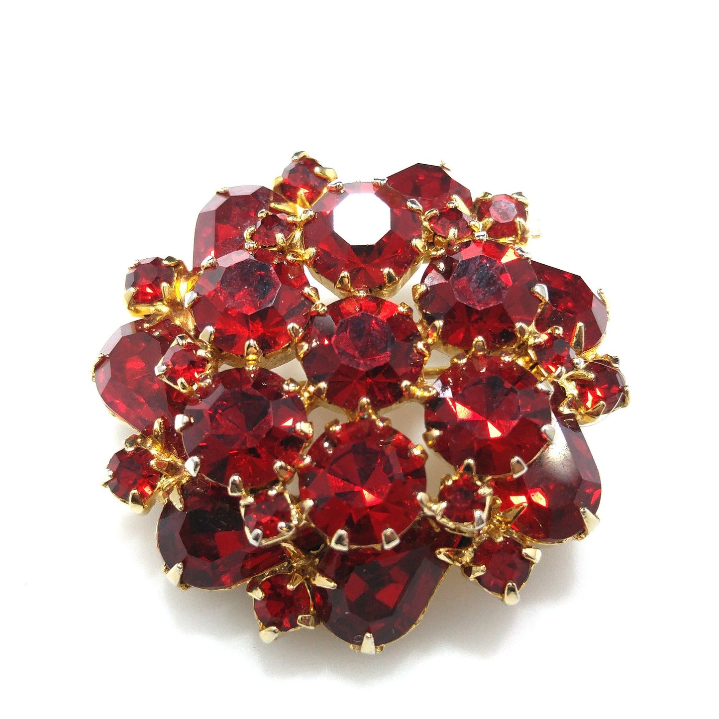 Vintage Weiss Red Rhinestone Brooch & Earrings, Gold Plated, 1950s