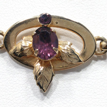 Purple Rhinestone Floral Necklace & Screw Back Earrings, Gold Plated, 1940s Vintage Jewelry