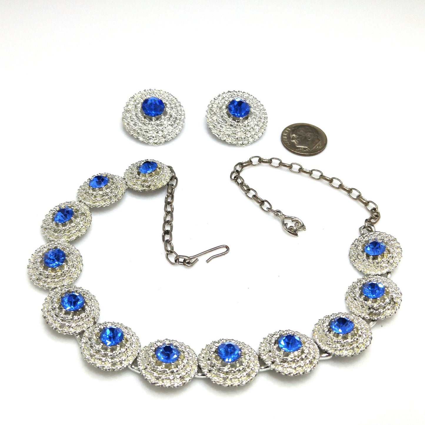 Blue Rhinestone Necklace Clip Earrings, Rhodium Plated Links, 1950s Vintage Jewelry