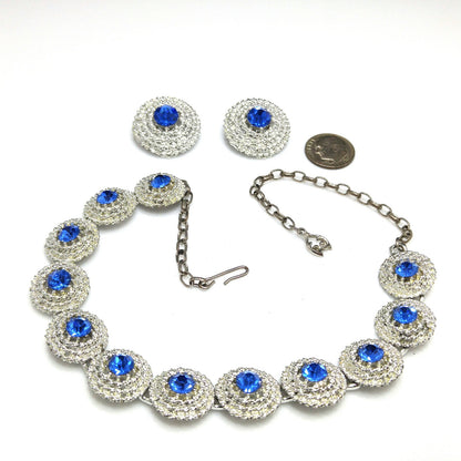 Blue Rhinestone Necklace Clip Earrings, Rhodium Plated Links, 1950s Vintage Jewelry