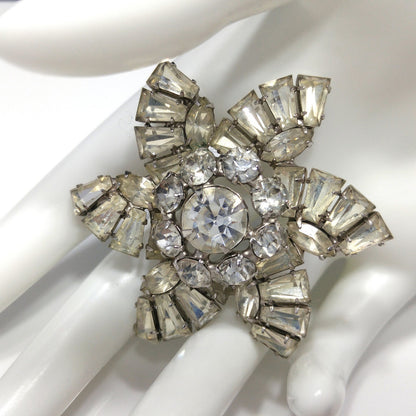 Mid Century Pinwheel Brooch, Clear Rhinestones, Rhodium Plated, 1950s Vintage Jewelry