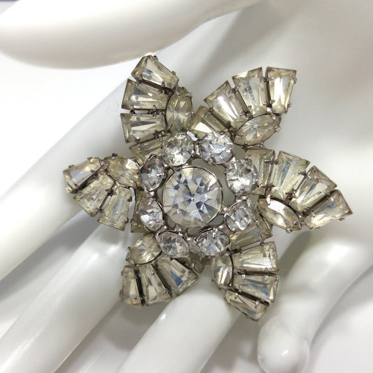 Mid Century Pinwheel Brooch, Clear Rhinestones, Rhodium Plated, 1950s Vintage Jewelry