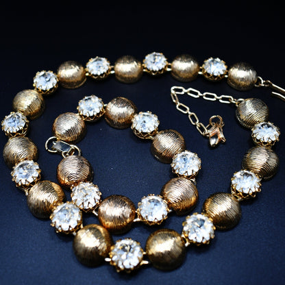 Kramer Necklace & Bracelet Set, Gold Plated, Headlight Diamante Rhinestones, 1960s Vintage Jewelry