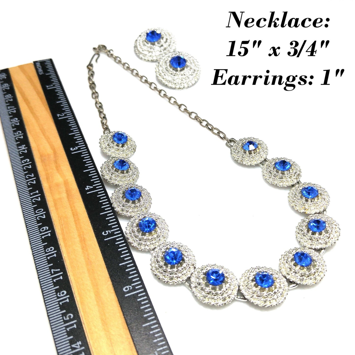 Blue Rhinestone Necklace Clip Earrings, Rhodium Plated Links, 1950s Vintage Jewelry