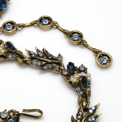 Vintage Hollycraft 1956 Blue Rhinestone Pearl Necklace Earrings Set Gold Tone