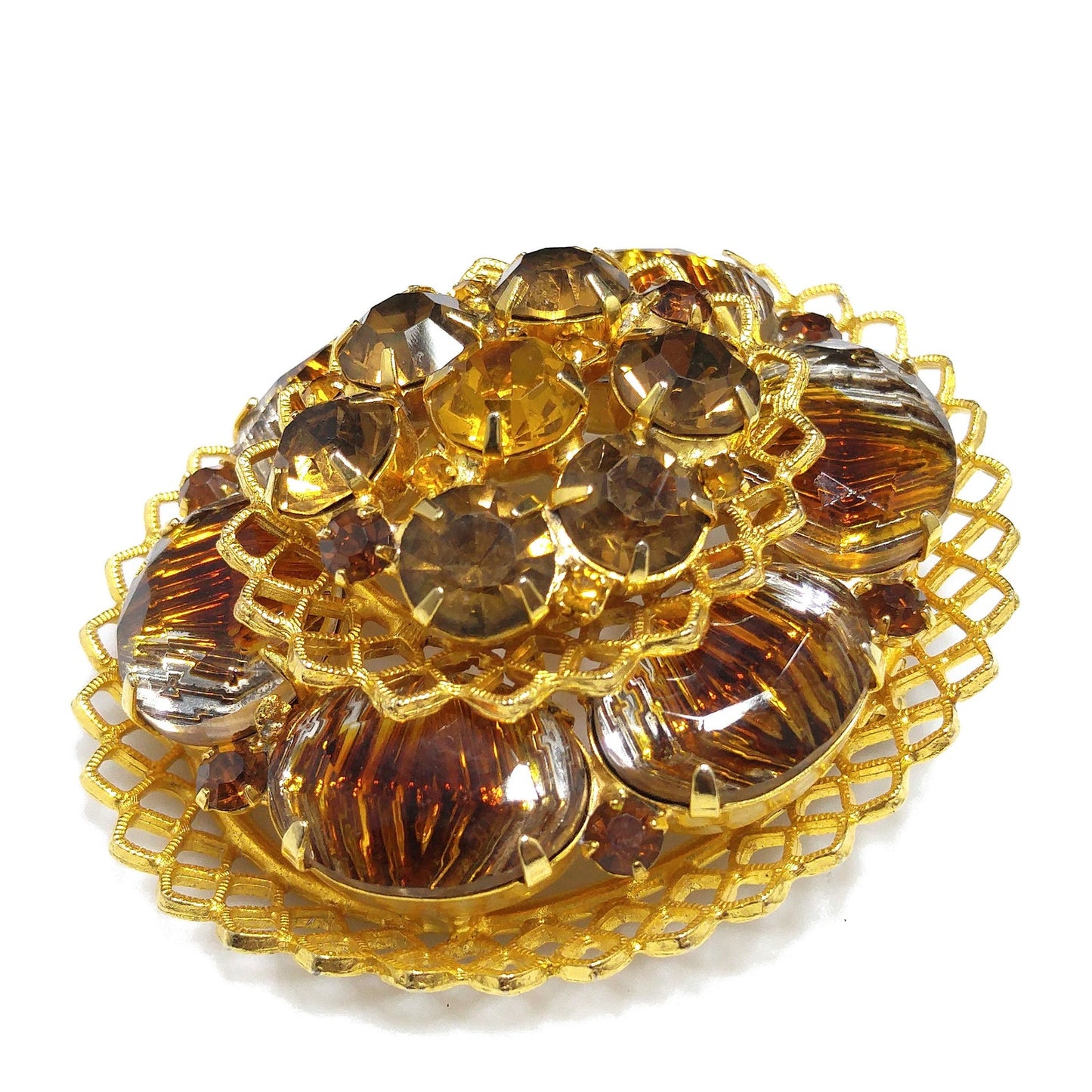 Light Dark Topaz Rhinestones Filigree Brooch, Art Glass, Two Tiered Oval Pin, 1960s Vintage Jewelry