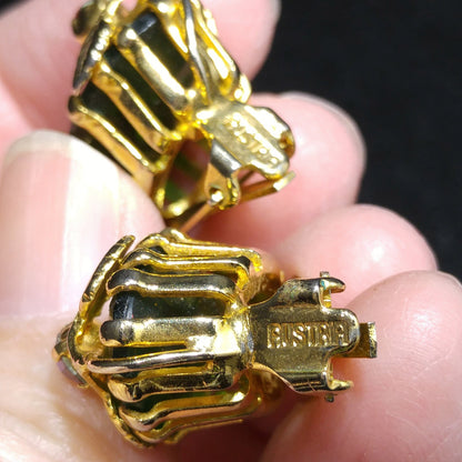 Kramer Austria Green Clip Earrings, Gold Plated, 1950s Vintage Jewelry