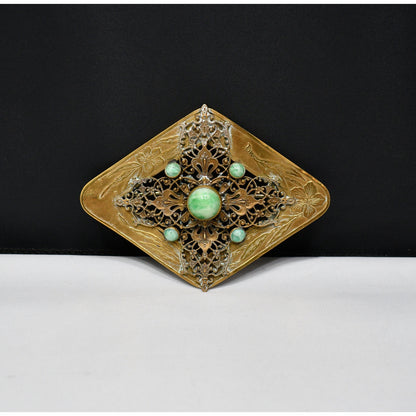 Vintage Brass Sash Pin, Green Marbled Cabochon, Early 1900s Vintage Jewelry