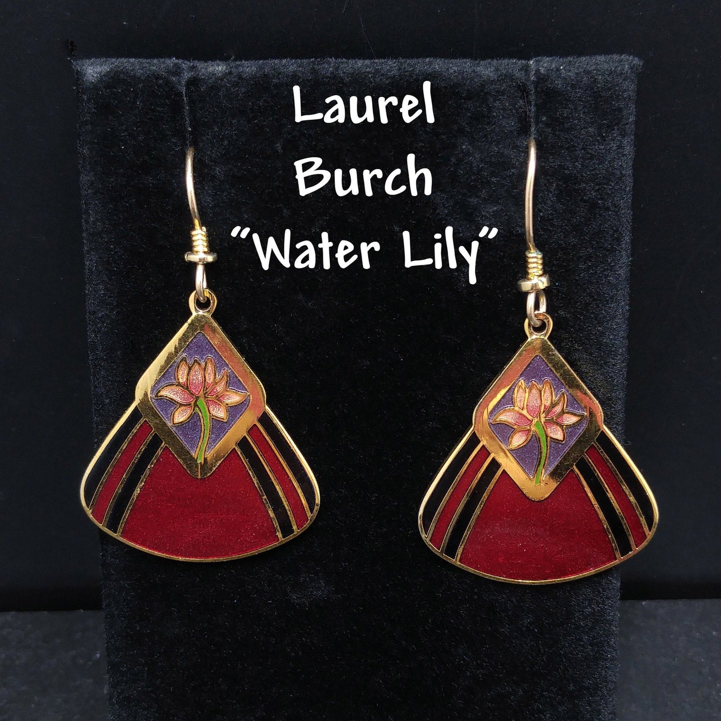 Vintage Laurel Burch "Water Lily" Earrings, Gold Plated, Red Enamel