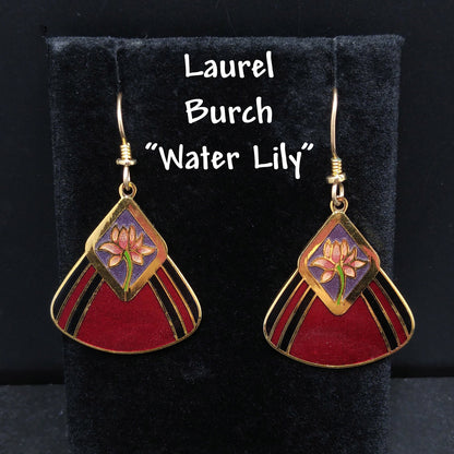 Vintage Laurel Burch "Water Lily" Earrings, Gold Plated, Red Enamel