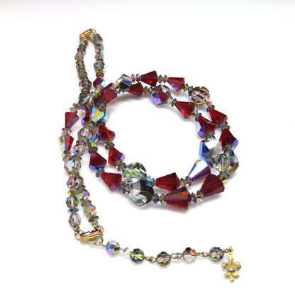 Vendome Red Crystal Two Strand Necklace, Aurora Borealis, 1960s Vintage Jewelry