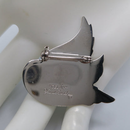 Laurel Burch "Celan" Bird Brooch, Rhodium Plated, White Lavender Enamel, 1980s Vintage Jewelry