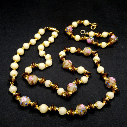 Wedding Cake Venetian Glass Beaded Necklace & Bracelet, Hand Knotted, Murano Lampwork, 1980s Vintage Jewelry