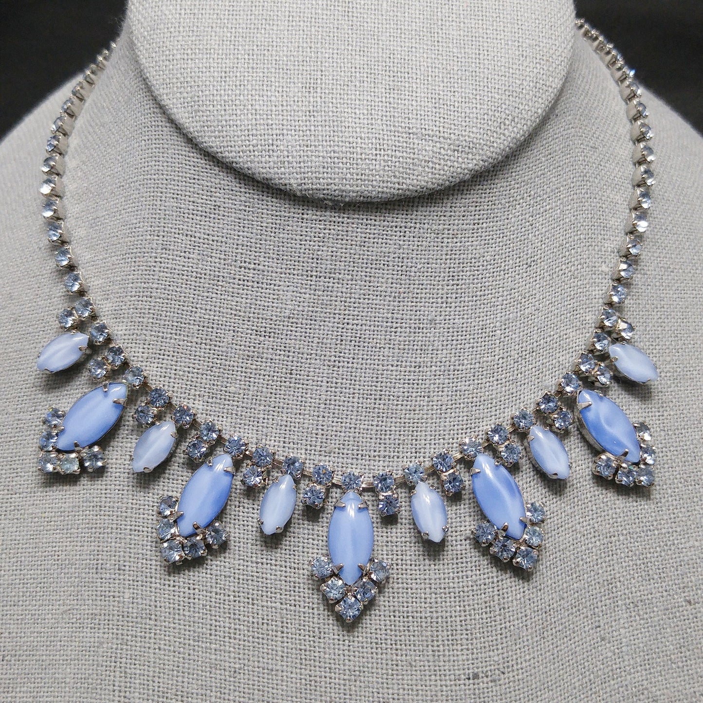 Blue Art Glass Rhinestone Necklace, Rhodium Plated, 1960s Vintage Jewelry