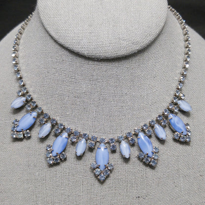 Blue Art Glass Rhinestone Necklace, Rhodium Plated, 1960s Vintage Jewelry