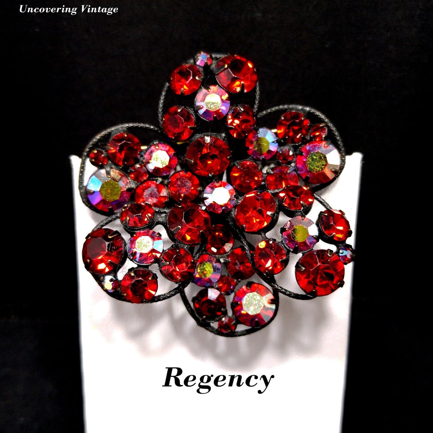 Vintage Regency Red Rhinestone Japanned Brooch, Aurora Borealis, 1960s Vintage Jewelry