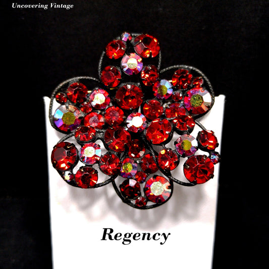 Vintage Regency Red Rhinestone Japanned Brooch, Aurora Borealis, 1960s Vintage Jewelry