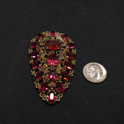 Antique Red Rhinestone Filigree Dress Clip, 1920s Vintage Jewelry
