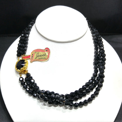 Vintage Jonne’ Original Black Crystal 3-Strand Necklace House of Schrager NOS