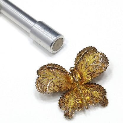 Vintage Topazio Portugal 925 Vermeil Filigree Butterfly Brooch 1940s