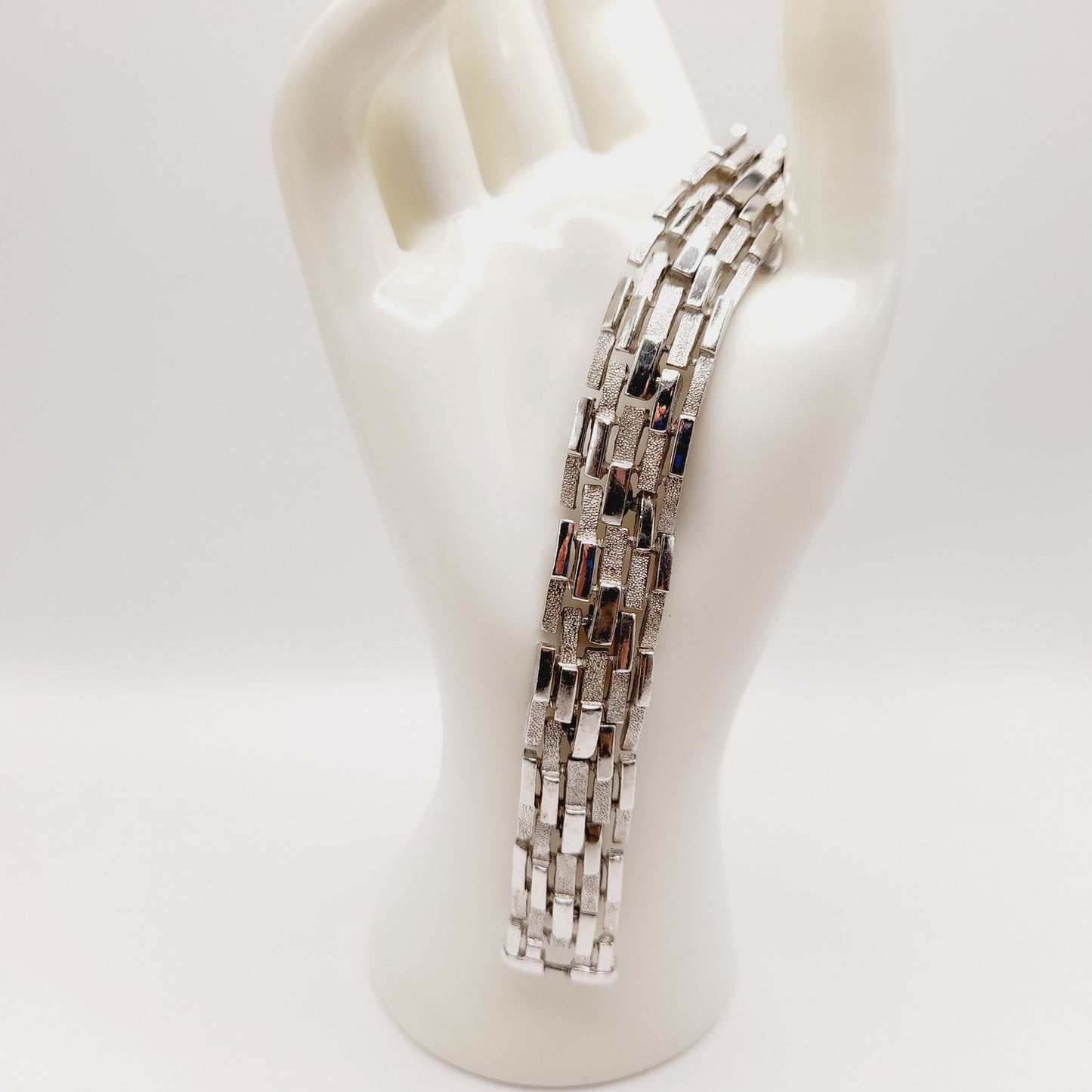 Vintage Crown Trifari Bracelet, Rhodium Plated Link Design, 7 1/4 Inch, Signed