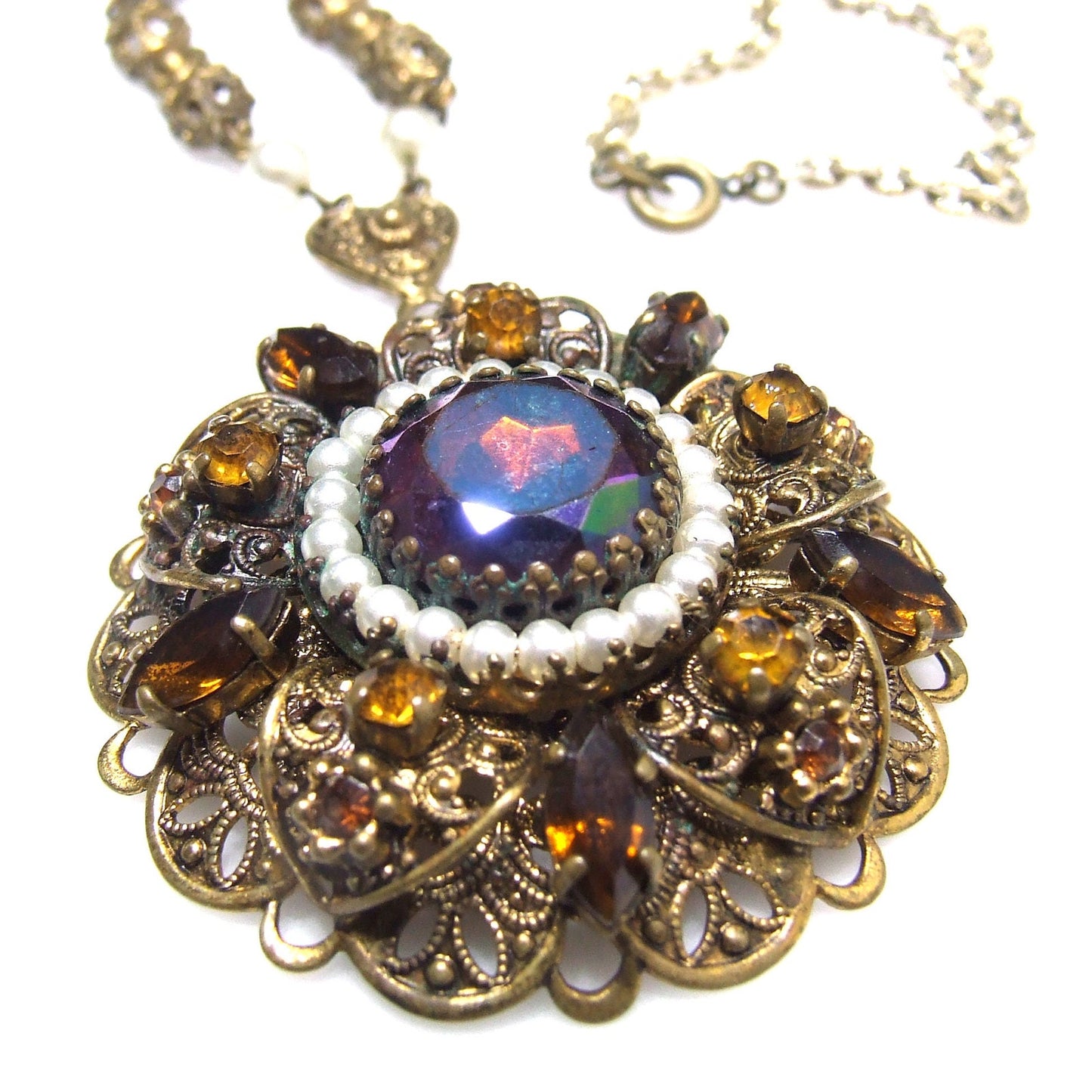 West Germany Carnival Glass Topaz Rhinestone Necklace, Faux Pearls, Filigree 1950s Vintage Jewelry