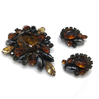 Vintage Weiss Japanned Topaz Rhinestone Brooch & Earrings