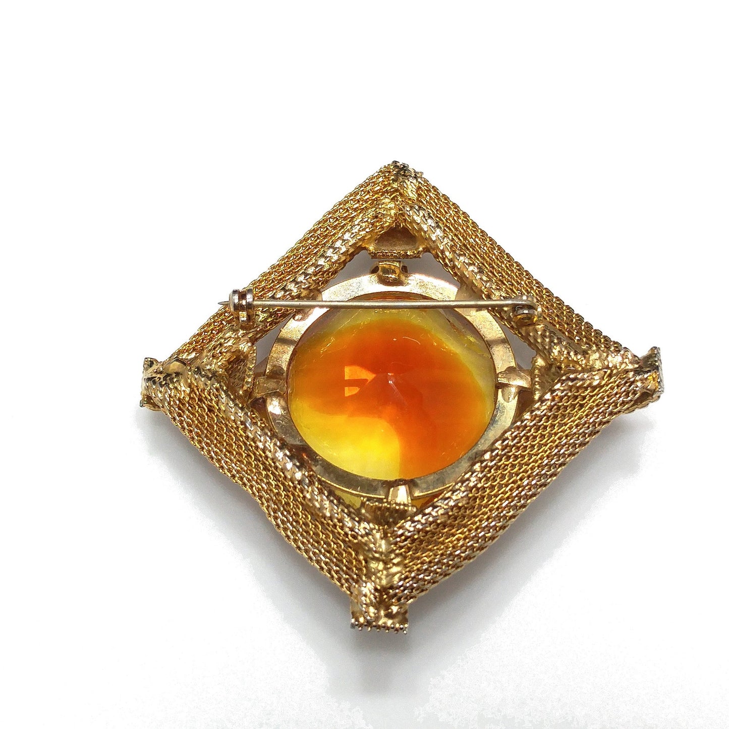 Light Topaz Glass Large Stone Brooch, Gold Plated Mesh Frame, 1960s Vintage Jewelry