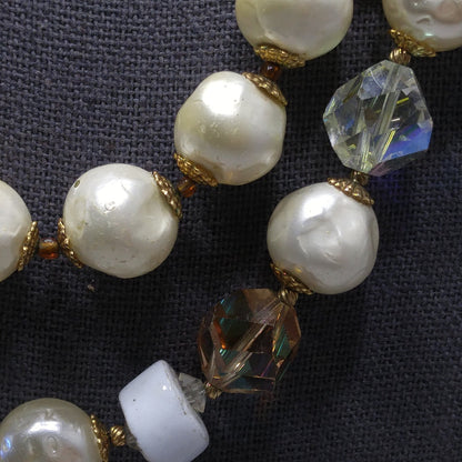 Vintage 1950s Faux Pearl Crystal Necklace Aurora Borealis Double Strand