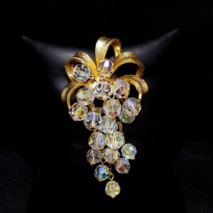 Crystal Beaded Grape Cluster Brooch, Gold Plated Bow, 1960s Vintage Jewelry