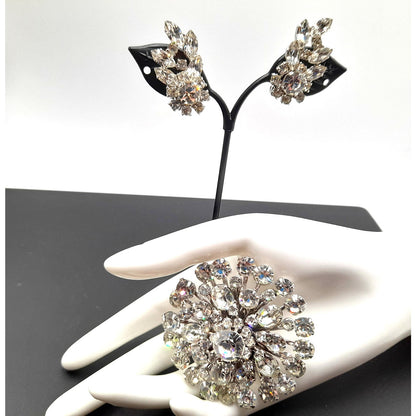 Clear Rhinestone Round Brooch Clip Earrings Set, Wedding Holiday Jewelry, 1950s Vintage Jewelry