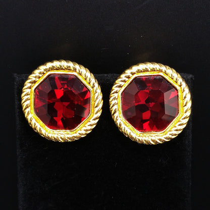 Vintage Swarovski Red Crystal Clip Earrings Gold Plated Rope Frame 1990s
