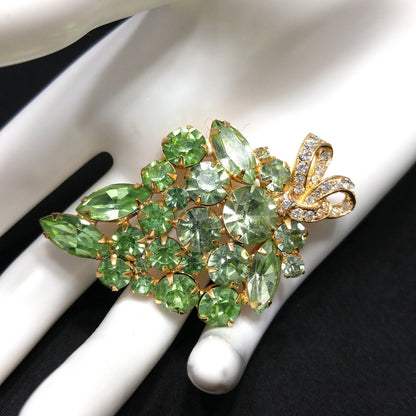 Vintage Weiss Peridot Green Rhinestone Brooch, Uranium Glass, Gold Plated, 1960s