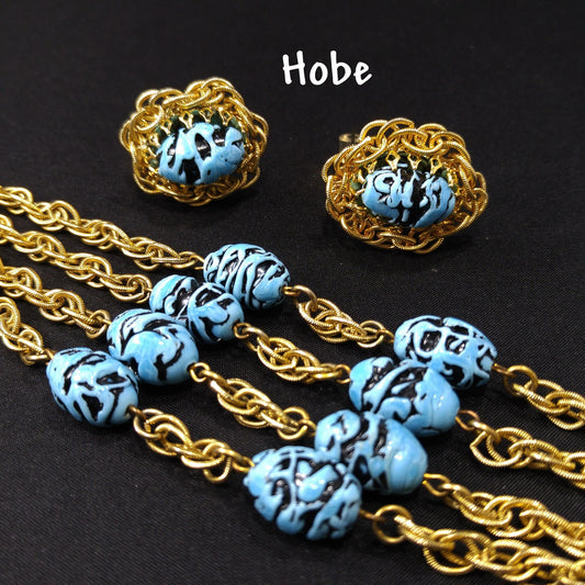 Vintage Hobe Art Beads & Chain Bracelet Earrings Set, 1950s Vintage Jewelry