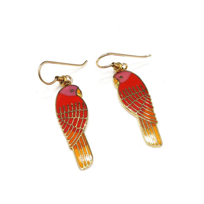 Laurel Burch "Lorikeets" Earrings, Gold Plated Cloisonne & Enamel, 1980s Vintage