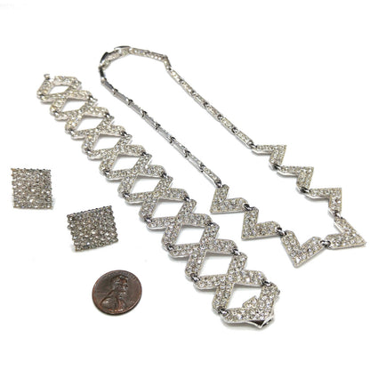 Bogoff Rhinestone Jewelry Set, Rhodium Plated Necklace Bracelet Screw Back Earrings, 1950s