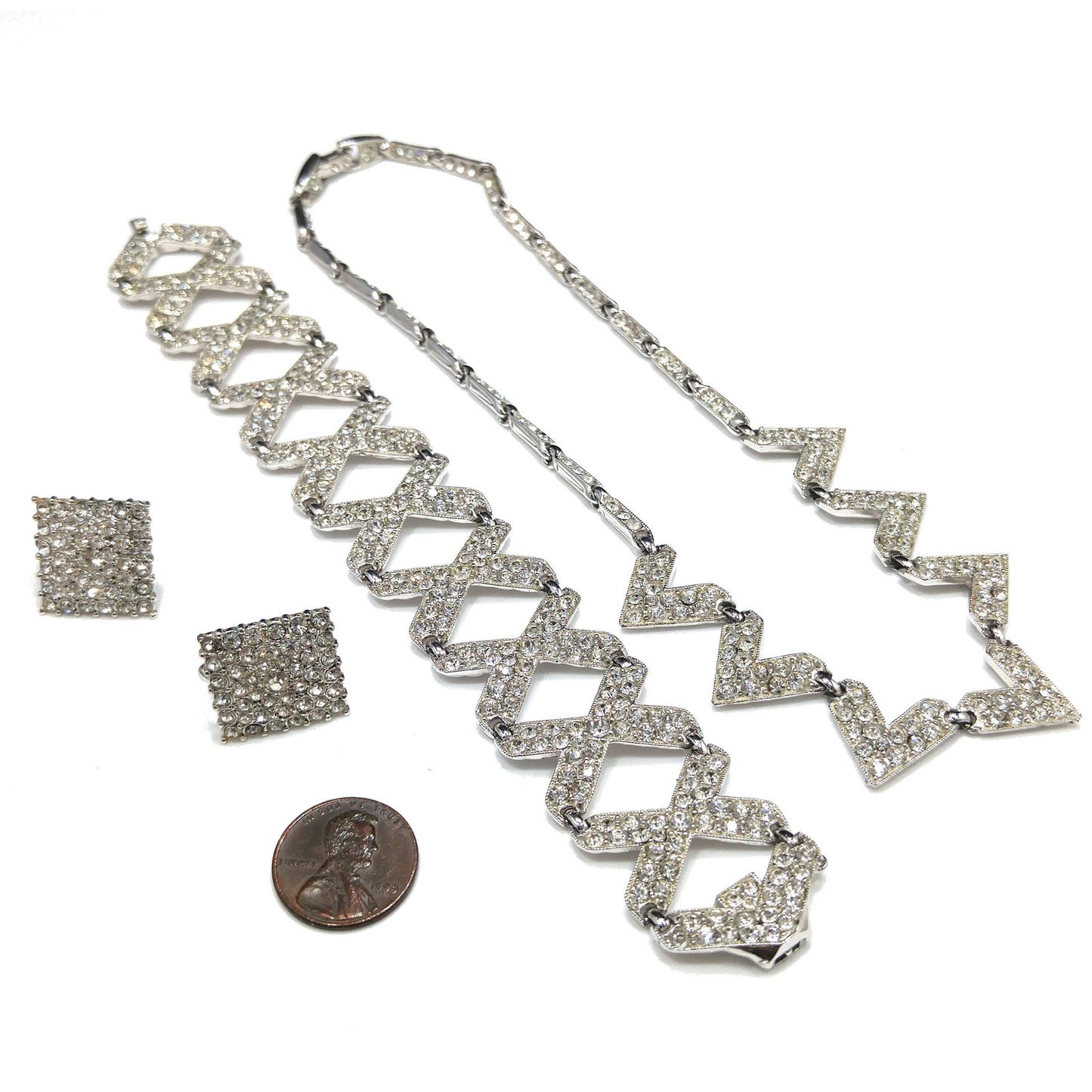 Vintage Bogoff Rhinestone Necklace Bracelet Earrings Set 1950s Rhodium Parure