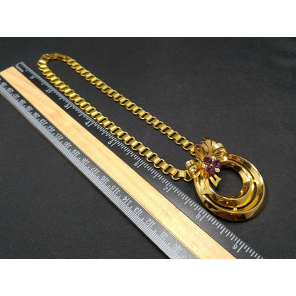 Coro 1948 Adolph Katz Bow Pendant Necklace, Gold Plate, Purple Rhinestones