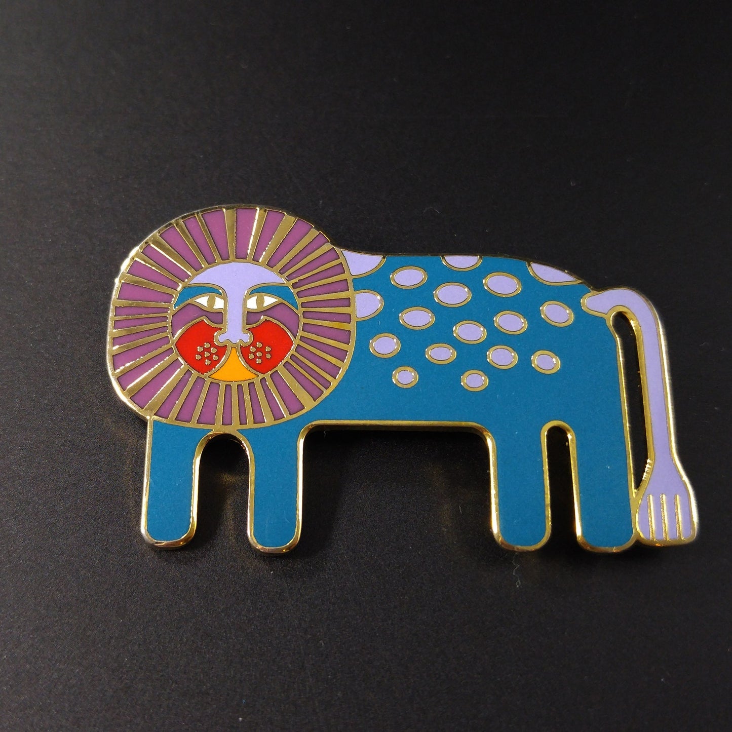 Laurel Burch "Leonardo" Brooch, Blue Enamel Gold Plated Lion, 1980s Vintage