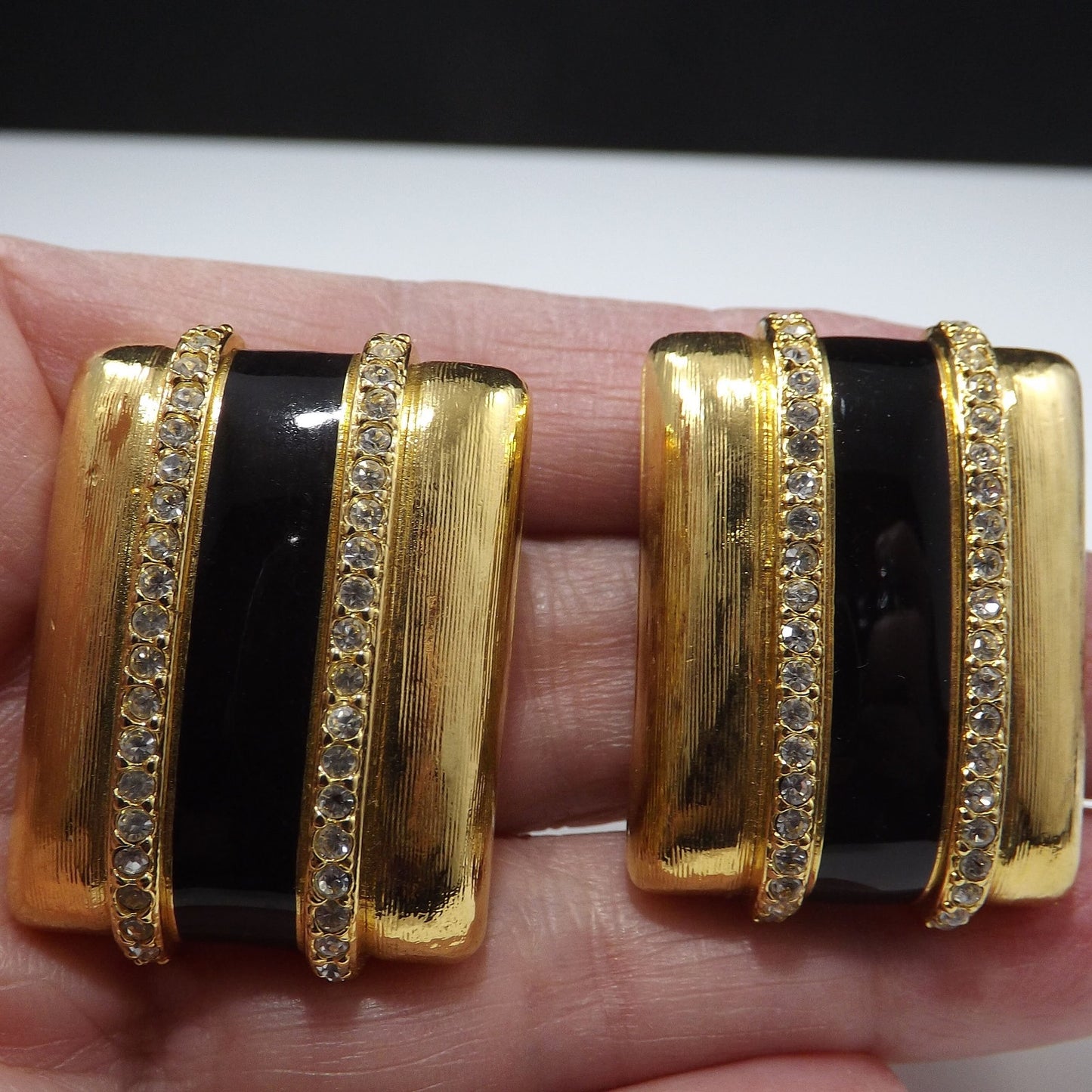 Vintage Swarovski Gold Black Enamel Clip Earrings, Crystal Rhinestones Swan Logo